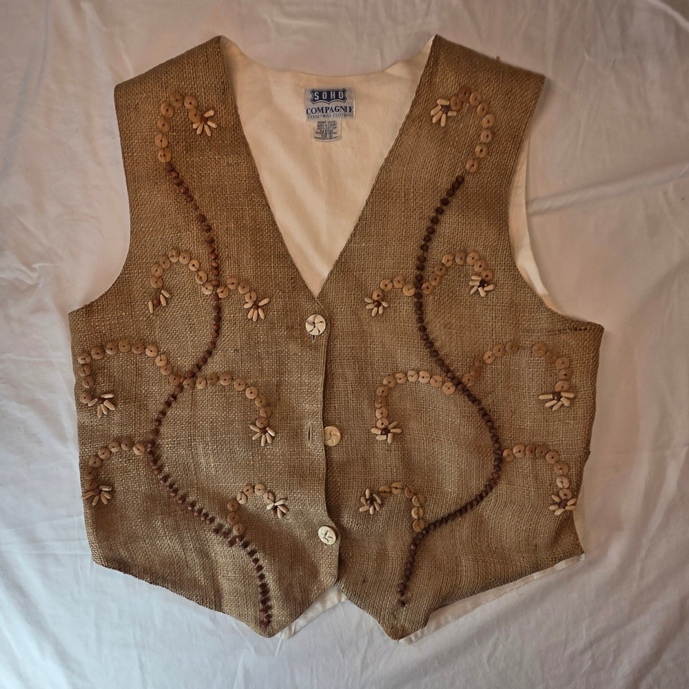 Soho Compagnie Jute Vest Wood Bead Shell Embellished Boho Cream Brown Medium